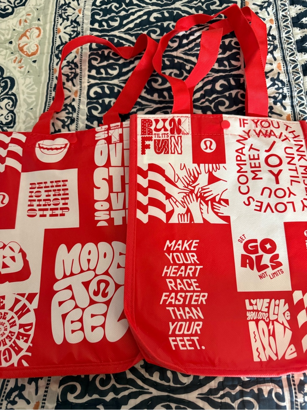 2 Lululemon Red Graphic Tote Bags.  Small size.